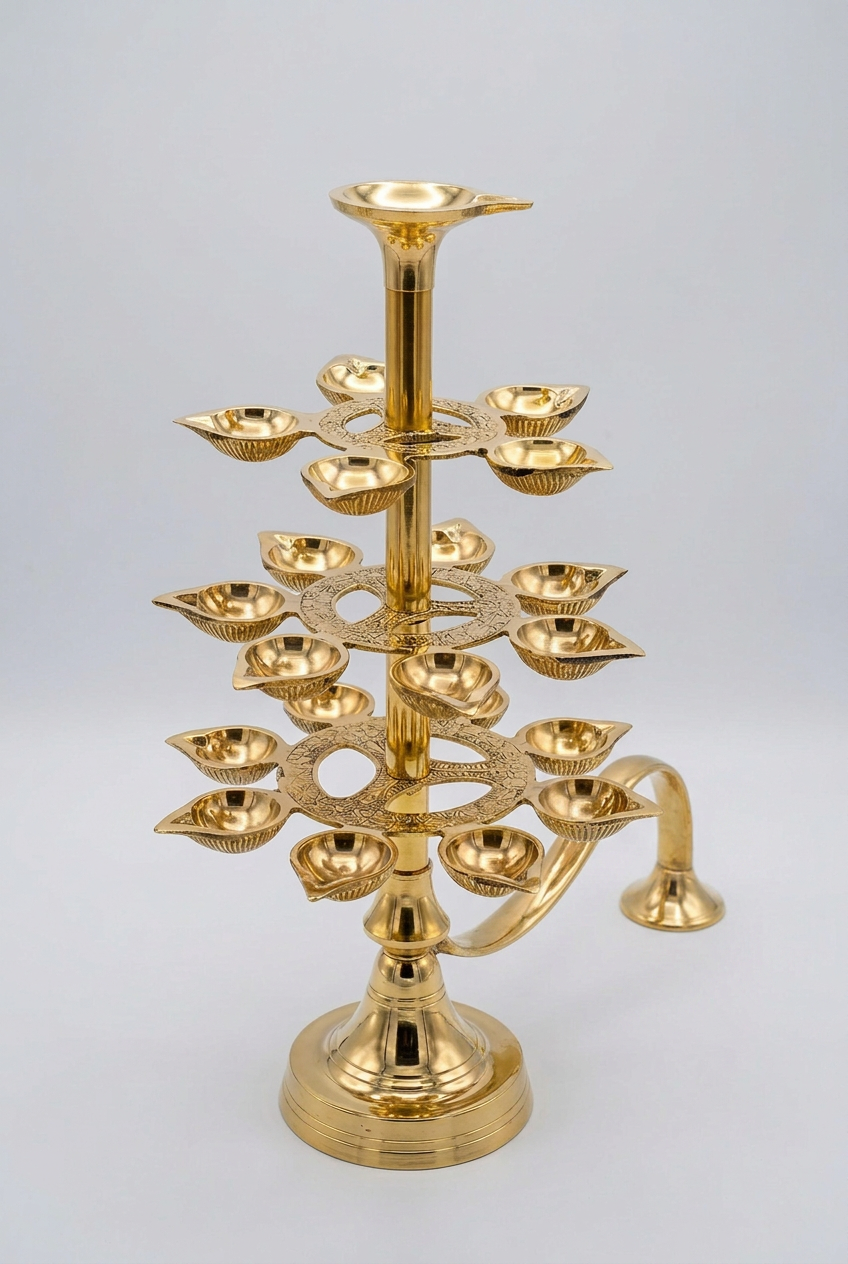 Tiered Aarti Diya Multi Wick Brass Diya Stand for Home Temple and Puja