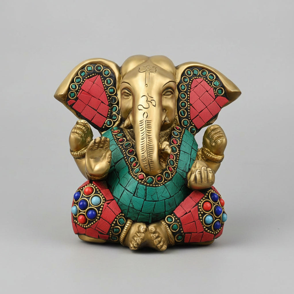 Ganesha with Multicolour Studded Stone Work Brass Idol