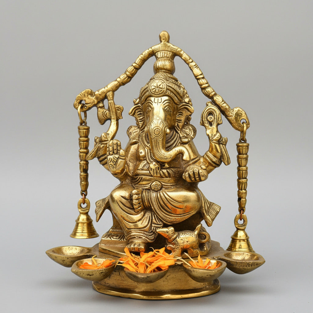 Lord Ganesh with Panchdiya Brass Idol-Gold Finish