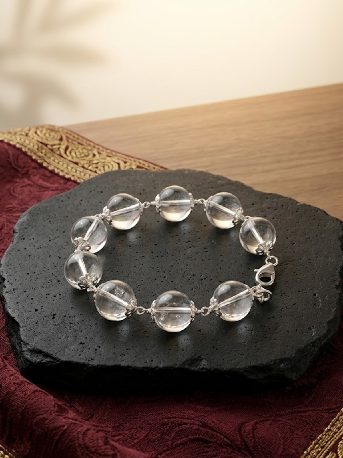 Mani Monk Silver Cap Round Sphatik Bracelet with Hook – 8 mm
