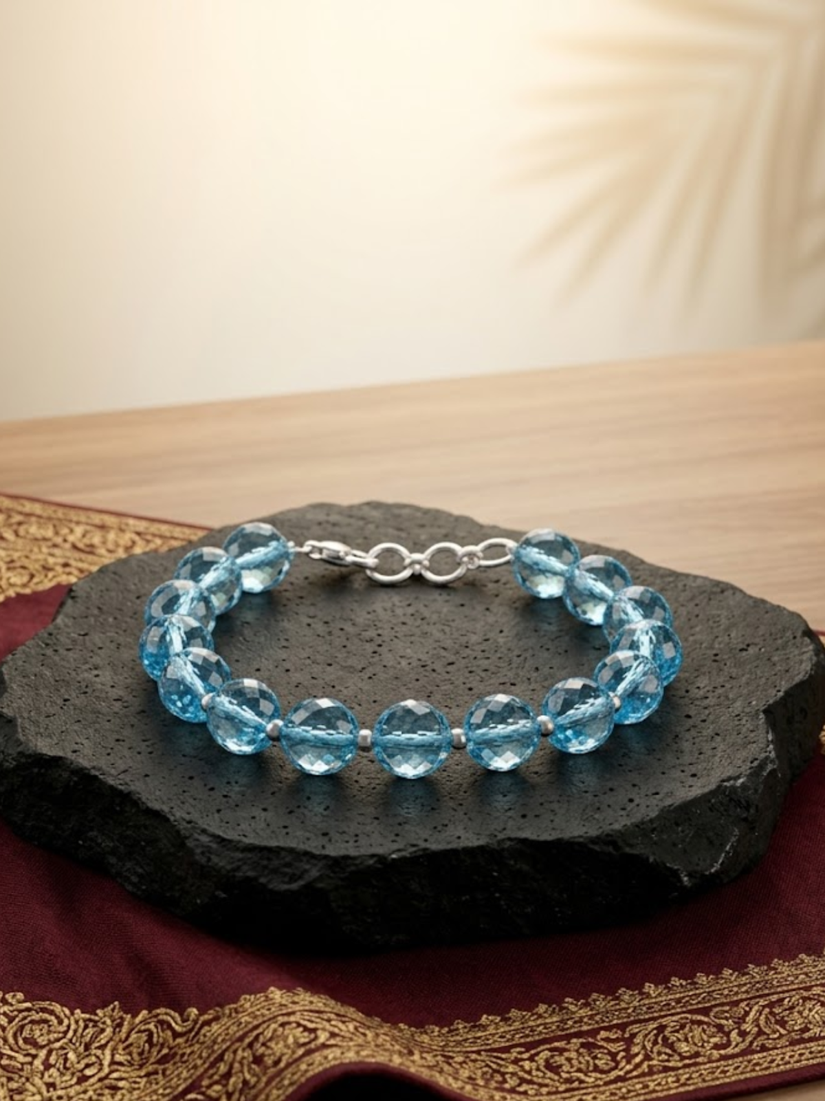 Natural Blue Topaz Faceted 925 Silver Bracelet – 8mm Healing & Meditation Gemstone Bracelet