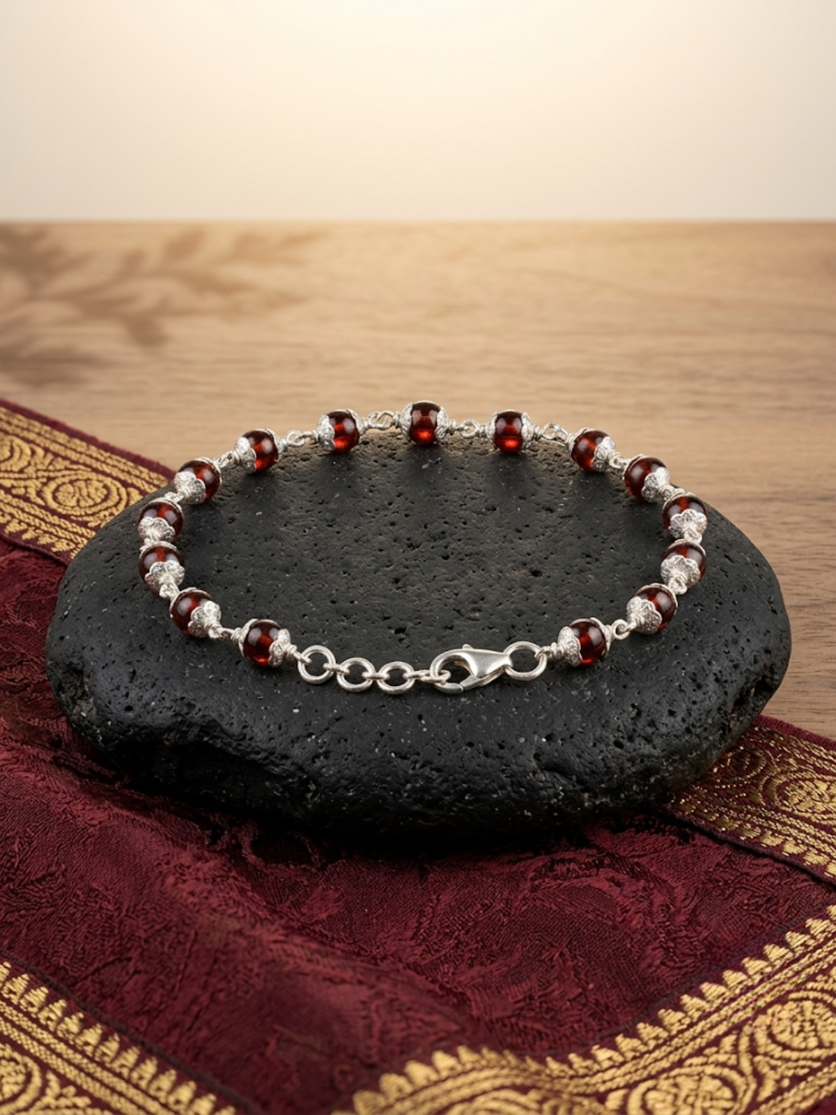 Natural Gomed Gemstone Bracelet | 925 Silver Flower Caps | 8mm Beads for Healing & Meditation