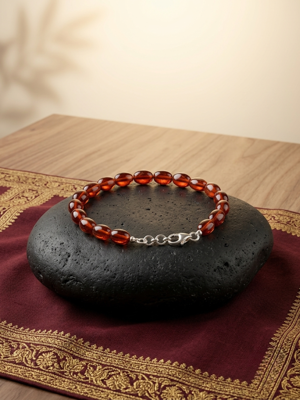 Natural Gomed Flat Oval Beads Bracelet | Hessonite Garnet Gemstone Bracelet for Healing & Meditation