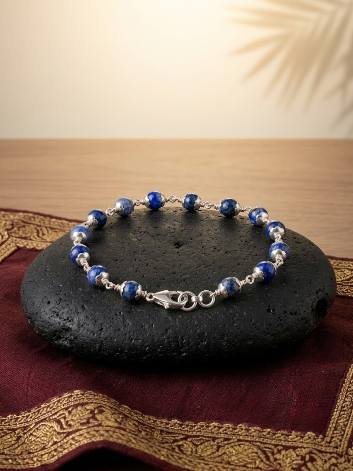 Natural Lapis Lazuli 925 Silver Flower Caps Bracelet – 8mm Gemstone Bracelet for Healing, Meditation & Positive Energy