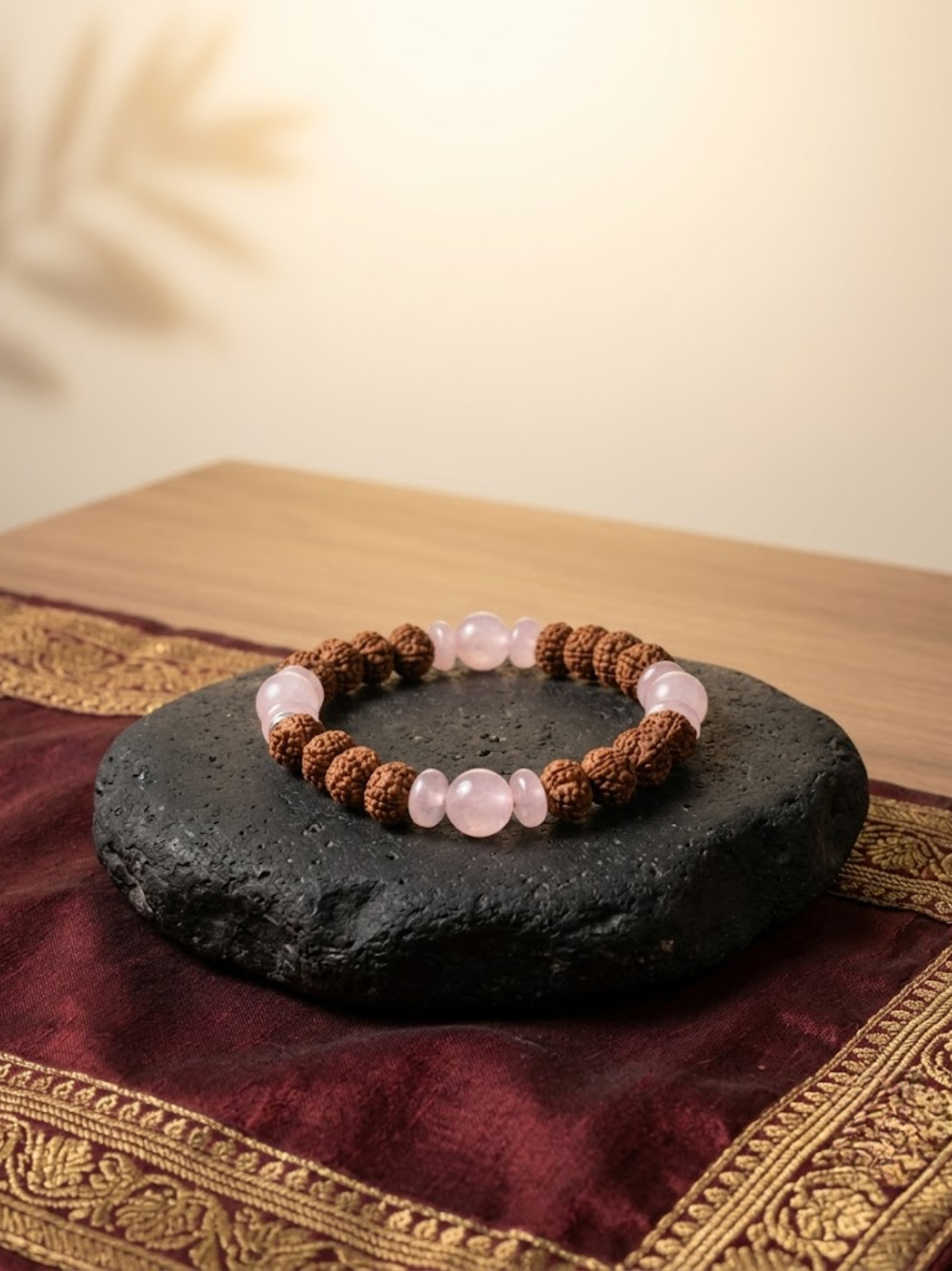 Natural Rose Quartz & 7 Mukhi Rudraksha Bracelet | 8mm Healing & Meditation Gemstone Bracelet