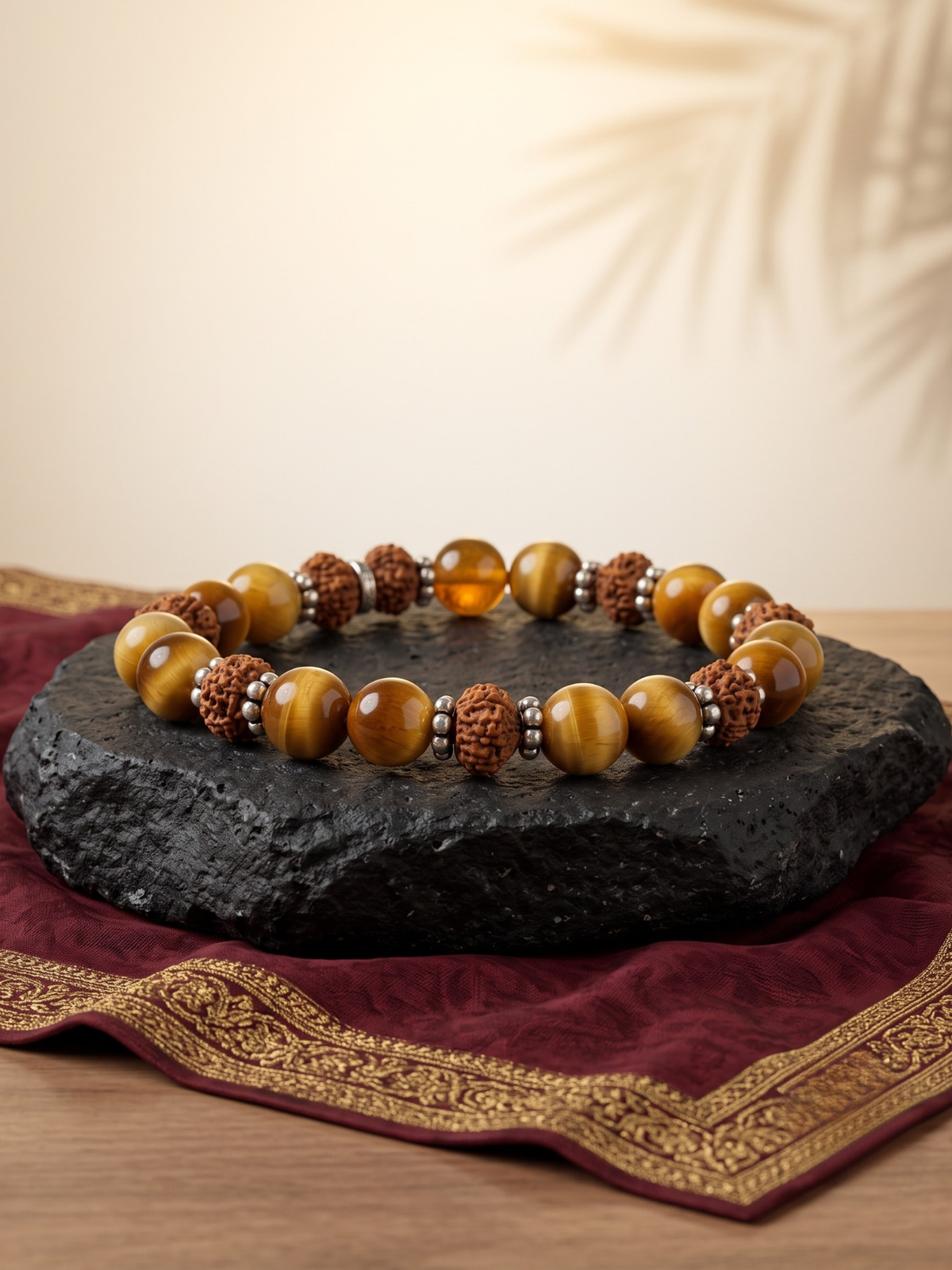 Natural Brown Cats Eye & 8 Mukhi Rudraksha German Silver Chakri Bracelet | 10mm Healing Gemstone Bracelet