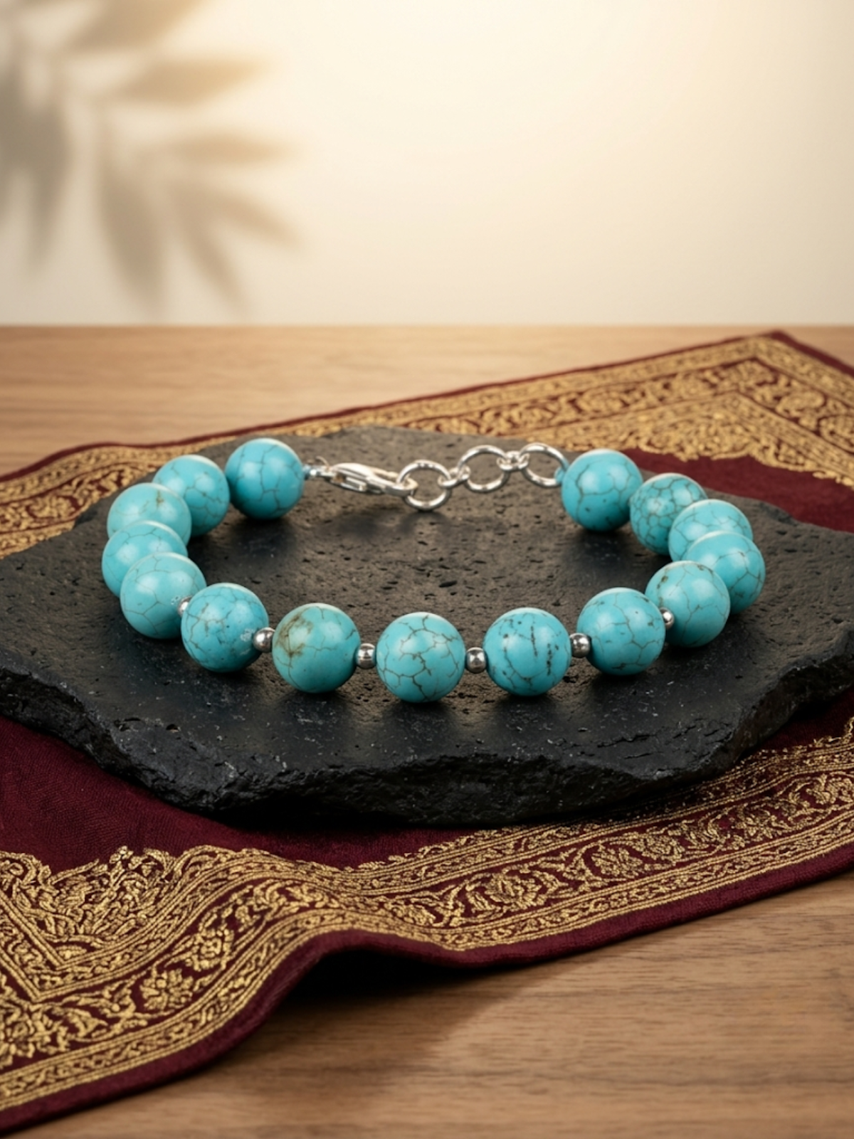 Natural Turquoise Bracelet with Silver Balls | 10mm Healing Gemstone Bracelet