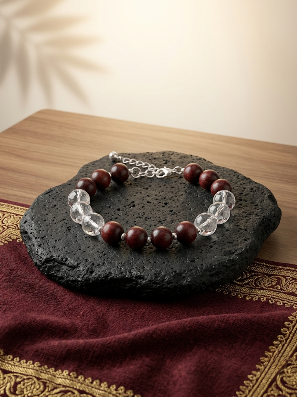 Mani Monk Sacred Faceted Sphatik & Red Sandalwood Bracelet with Silver Balls & Hook – 8 mm