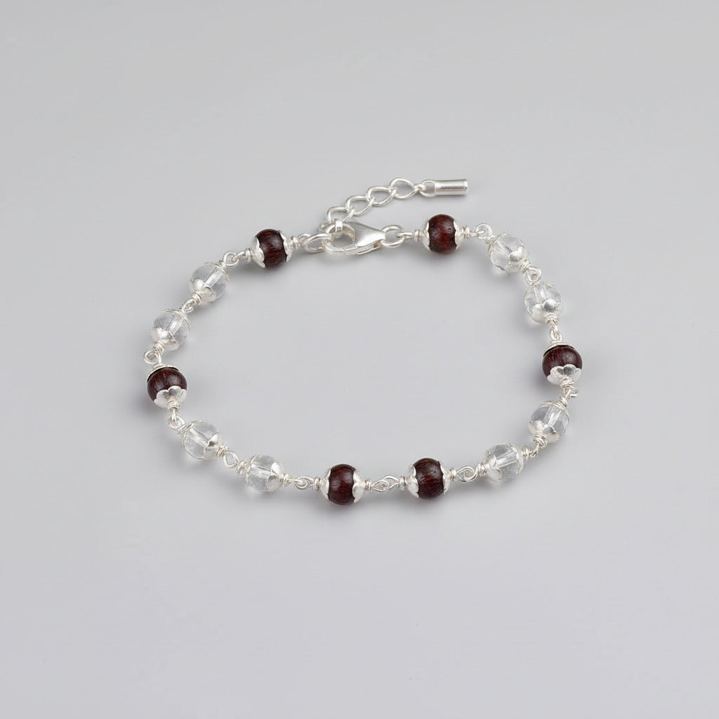 Round Sphatik & Red Sandalwood Bracelet with Silver Caps & Hook-6 mm