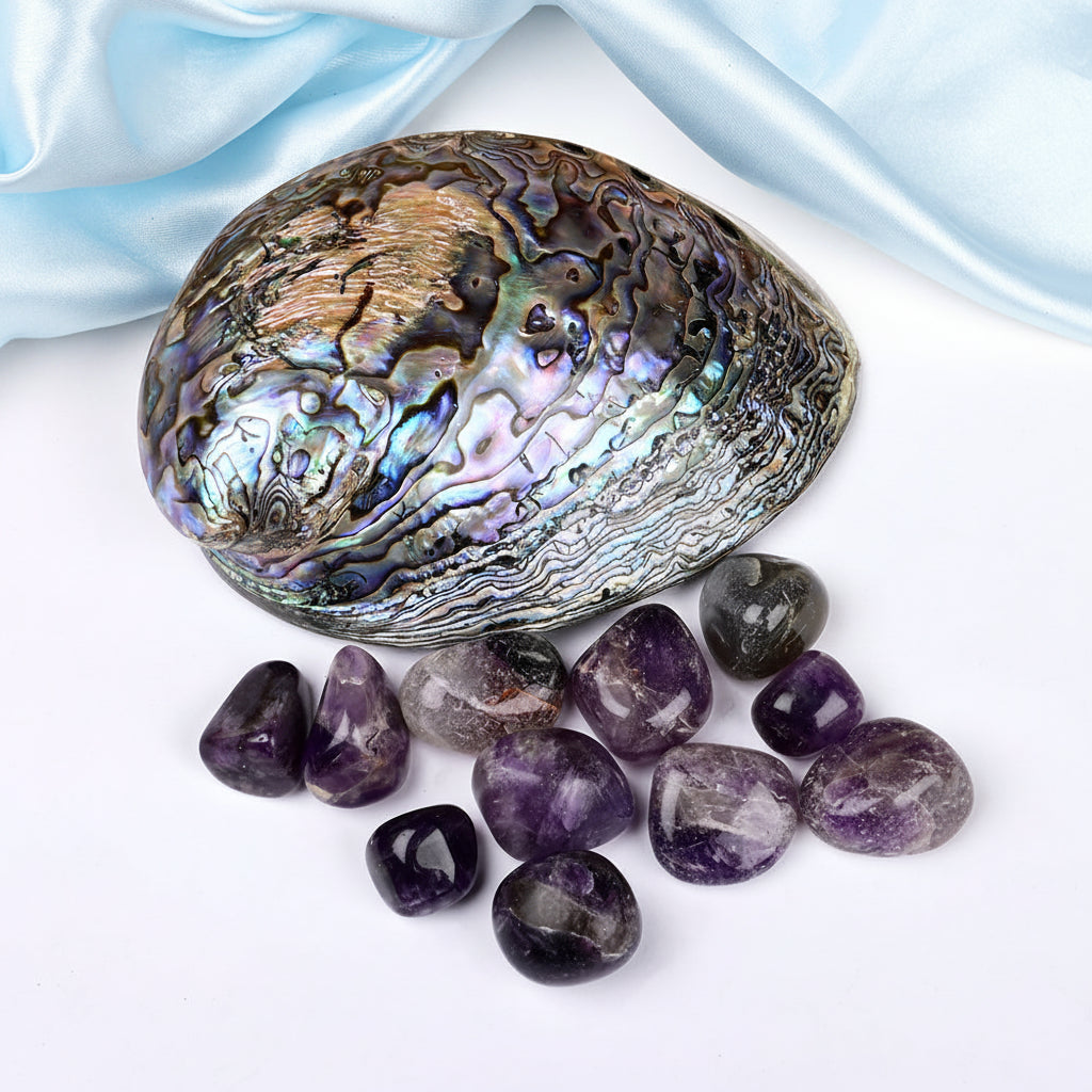 8 Directions Tumble Stone in Paua Shell-With Plate-Amethyst (North East)
