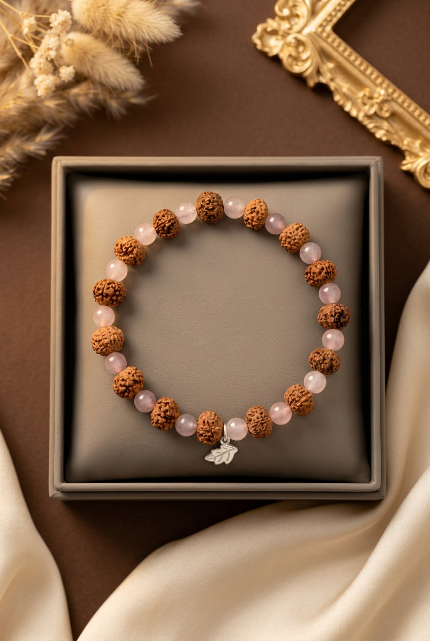 7 mukhi Mahalaxmi Bracelet from Java with Rose Quartz Beads