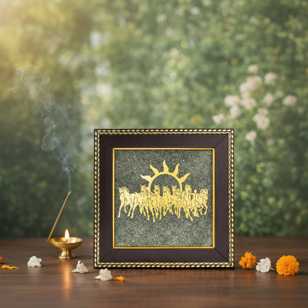 7 Horses with Raw Pyrite Frame – Symbol of Wealth, Growth & Positive Energy