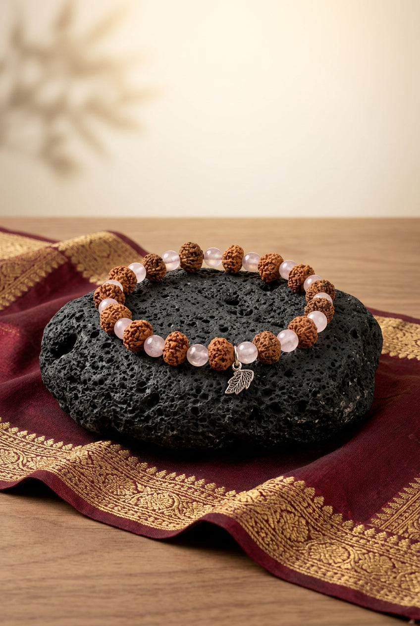 7 mukhi Mahalaxmi Bracelet from Java with Rose Quartz Beads