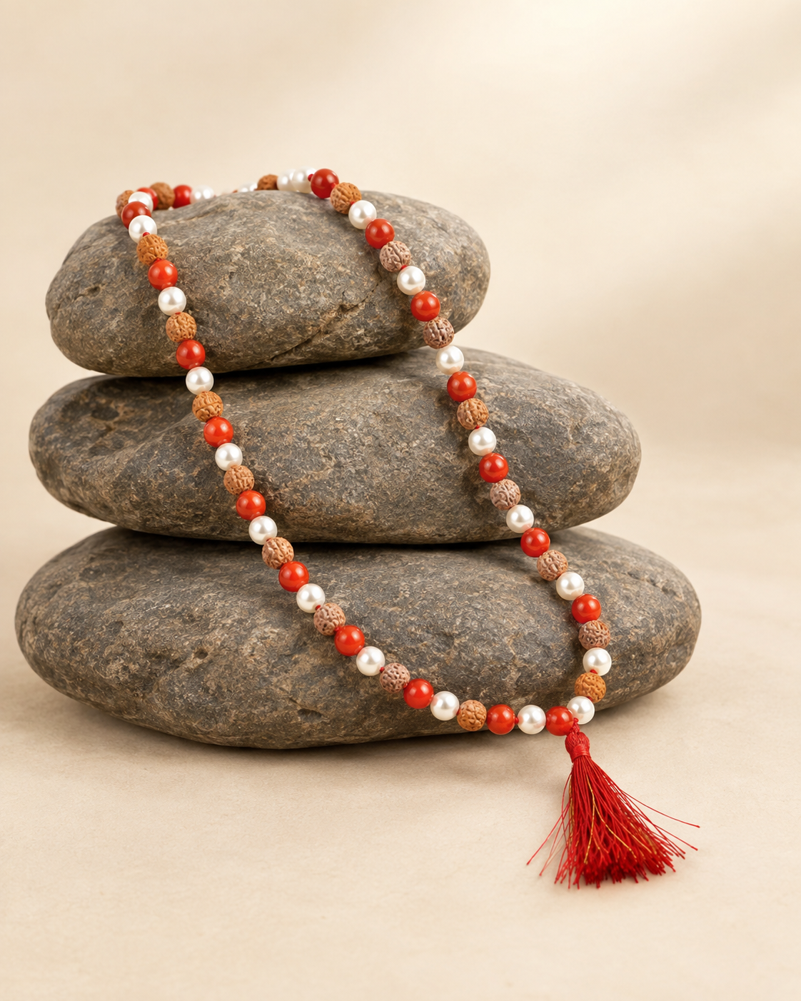 Natural Coral 6 mukhi Rudraksha & Pearl Mala-8 mm Gemstone