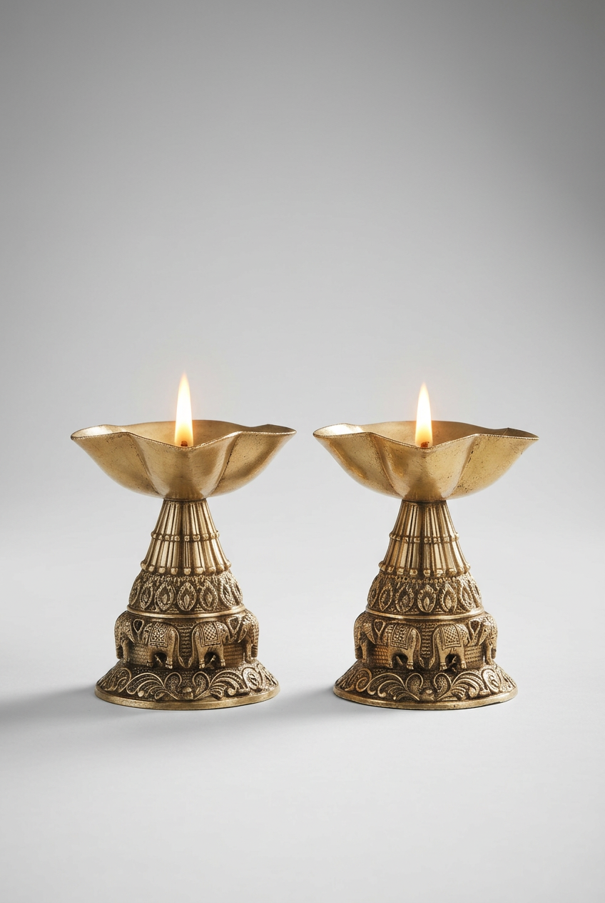 Ashtadhatu Elephant Design Panch Batti Diya Set of 2 Five Flame Puja Diya