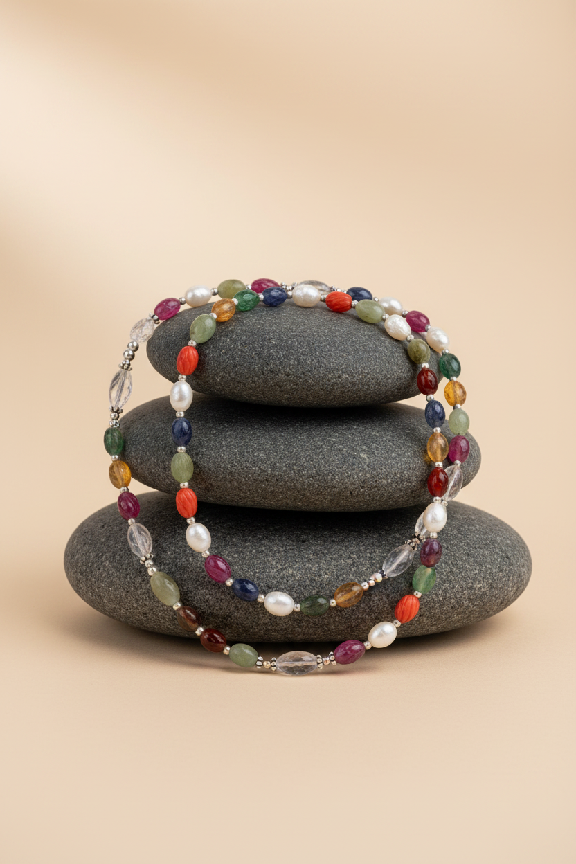 Natural Designer Navratna Necklace — 925 Silver Balls & Chakri | 9 Gemstones