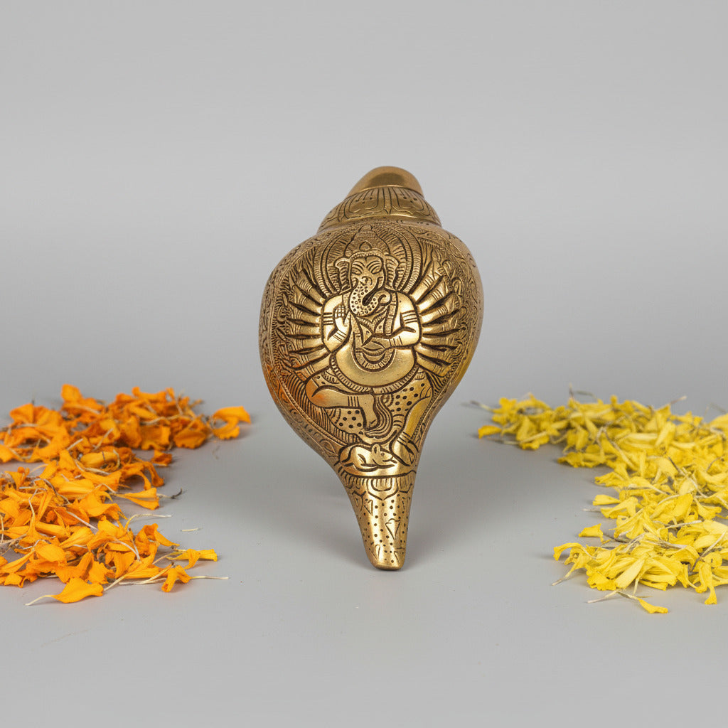 Blowing Brass Shankh With Veer Ganesh Engraving