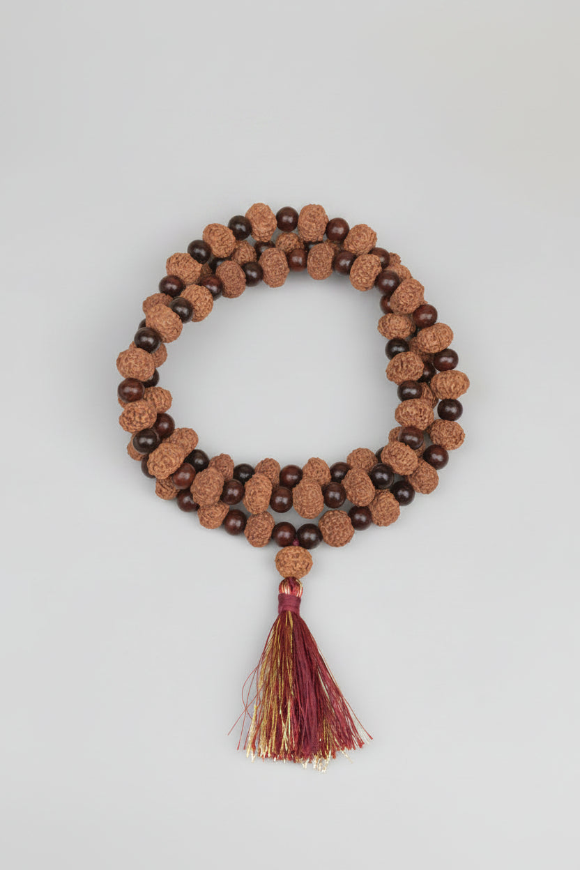 9 Mukhi Rudraksha and  Red Sandalwood Mala-12 mm