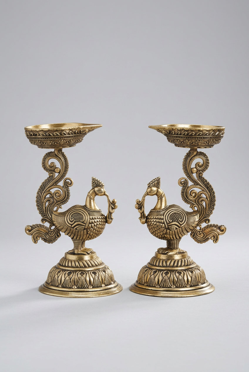 Ashtadhatu Peacock Standing Diya Set of 2 Decorative Puja Diya
