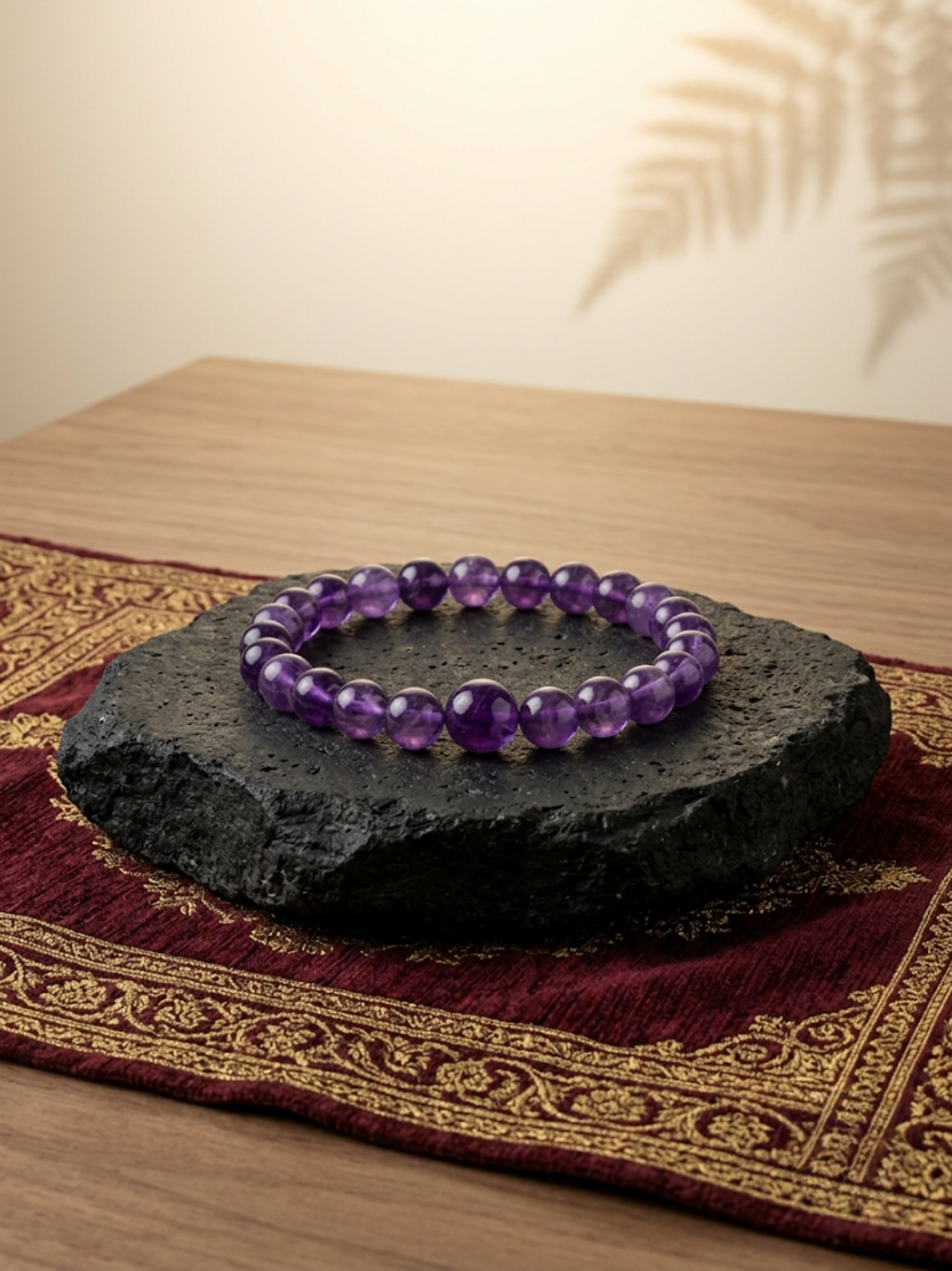 Front flat lay view of the Mani Monk Amethyst 8mm crystal bracelet, beautifully styled on a dark stone and traditional red cloth.