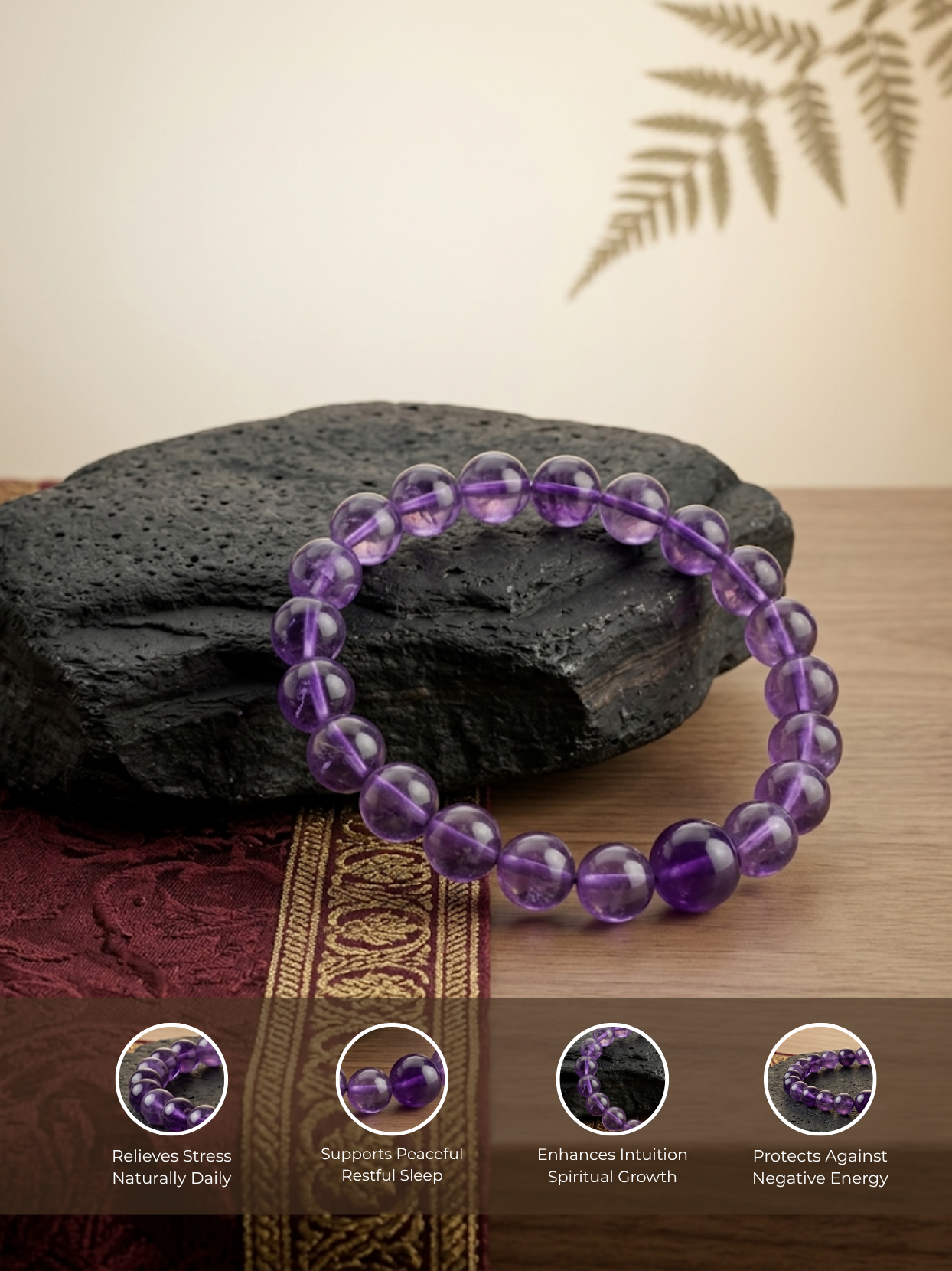 Detailed feature graphic of the Mani Monk Amethyst bracelet highlighting the premium natural crystal material, 8mm bead size, and comfortable elastic stretch fit