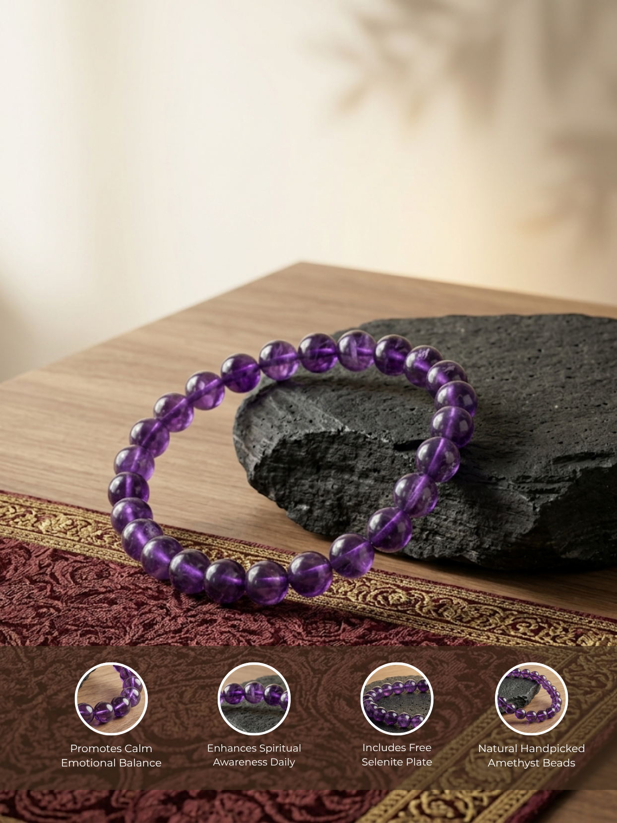 Detailed feature graphic of the Mani Monk Amethyst bracelet and raw Selenite plate highlighting the premium natural crystal materials, smooth bead design, and comfortable stretch fit.