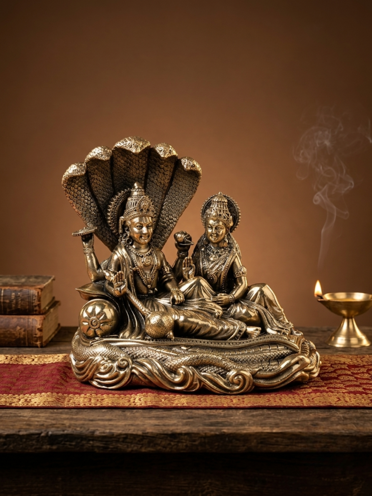 Front view of the Mani Monk Ashtadhatu Anant Vishnu Lakshmi Sheshnaag idol, styled on a traditional pooja altar with incense and a lit diya.