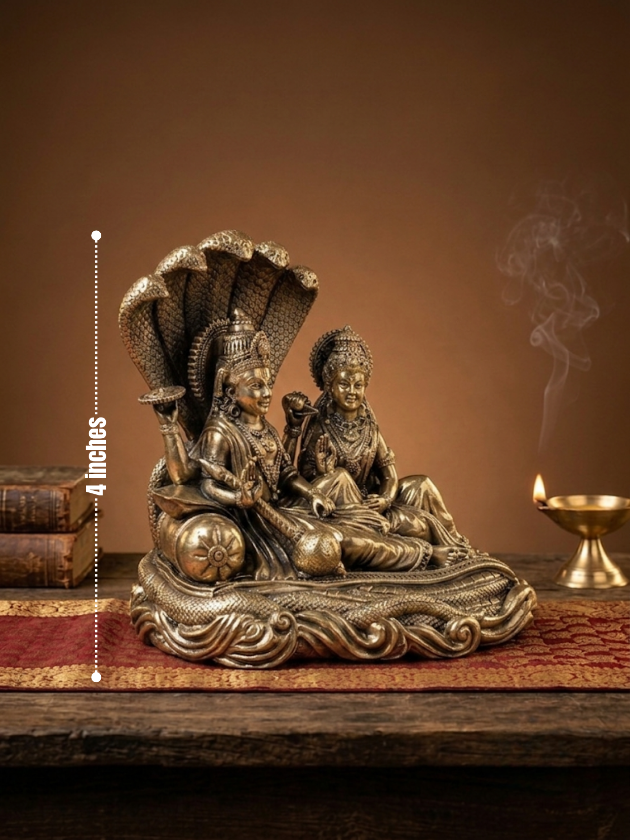 Dimensions scale view of the 8-metal Ashtadhatu Anant Vishnu Lakshmi Sheshnaag murti, perfectly sized for home mandir decor and spiritual worship