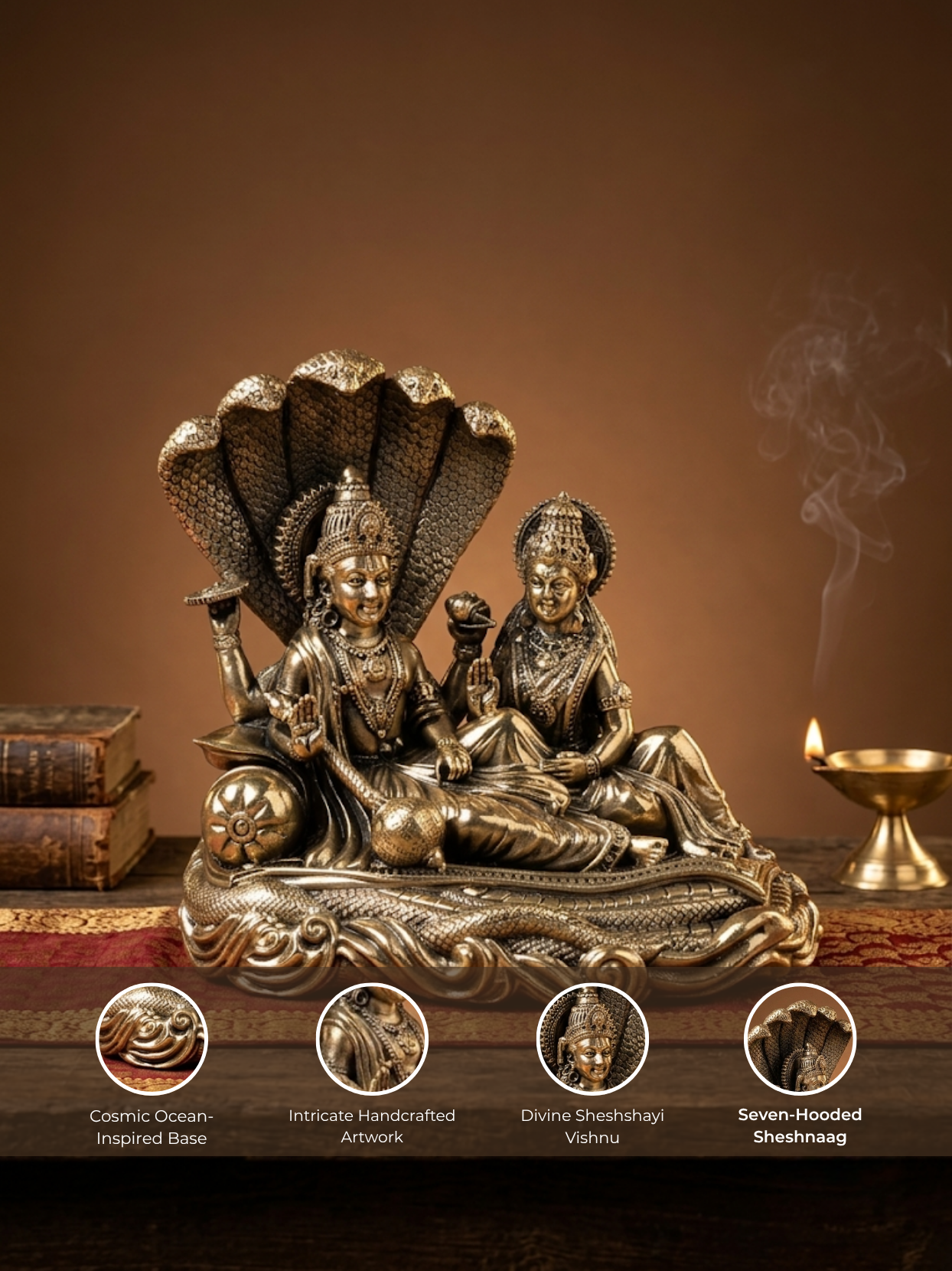 Detailed feature view of the Mani Monk Anant Vishnu Lakshmi Sheshnaag idol highlighting the intricate sacred detailing, the divine serpent canopy, and antique Ashtadhatu finish