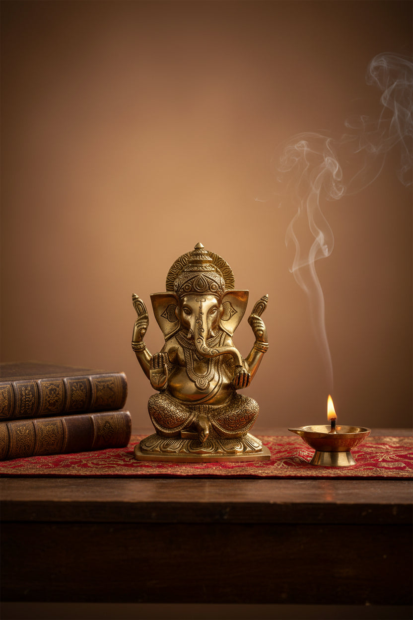Ashirwad Ganesh Brass Idol 7.5 Inch Handcrafted Blessing Ganesha Murti in Abhaya Mudra for Home Puja and Temple