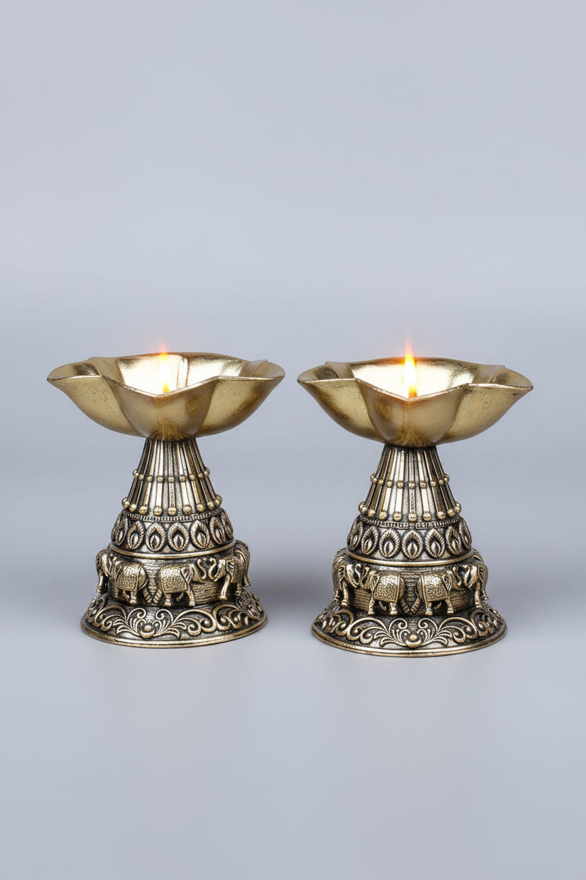 Ashtadhatu Elephant Design Panch Batti Diya Set of 2 Five Flame Puja Diya