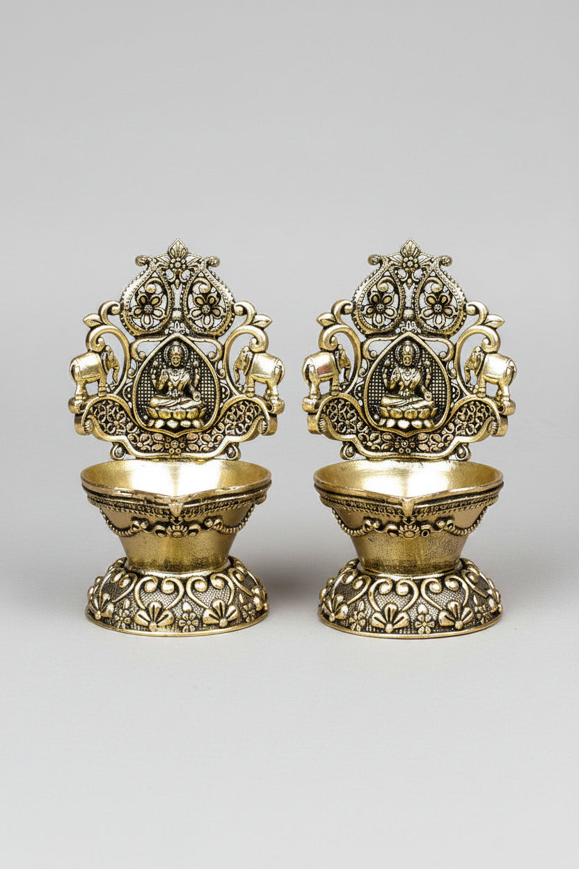 Ashtadhatu Gaj Lakshmi Diya Set of 2 - Goddess Lakshmi Puja Diya