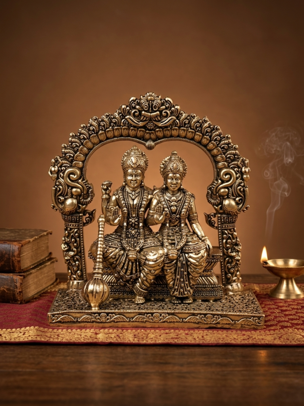 Front view of the Mani Monk Ashtadhatu Laxmi Narayan idol sitting on a Sinhasan with Keerti Mukh Arch, styled on a traditional pooja altar with incense and a lit diya.