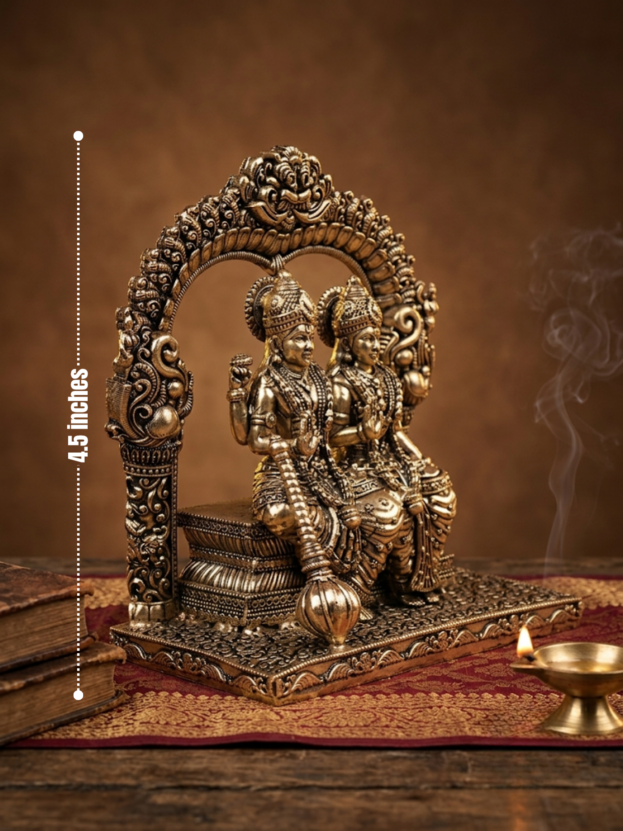 Dimensions scale view of the 8-metal Ashtadhatu Laxmi Narayan on Sinhasan murti, perfectly sized for home mandir decor and spiritual worship