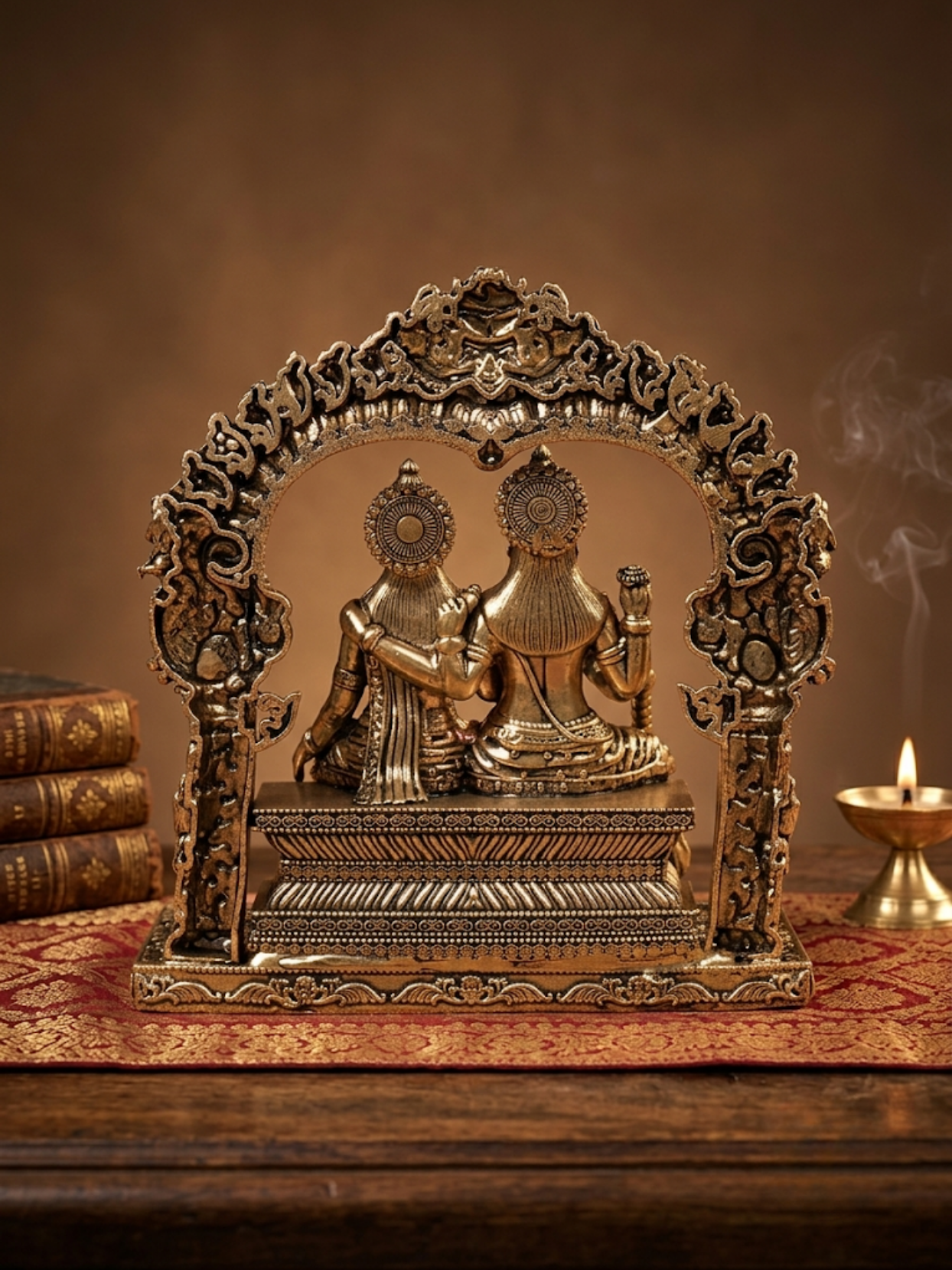 Back angle of the traditional Ashtadhatu Laxmi Narayan statue, displaying the detailed rear metal craftsmanship of the Keerti Mukh arch and divine seated posture.