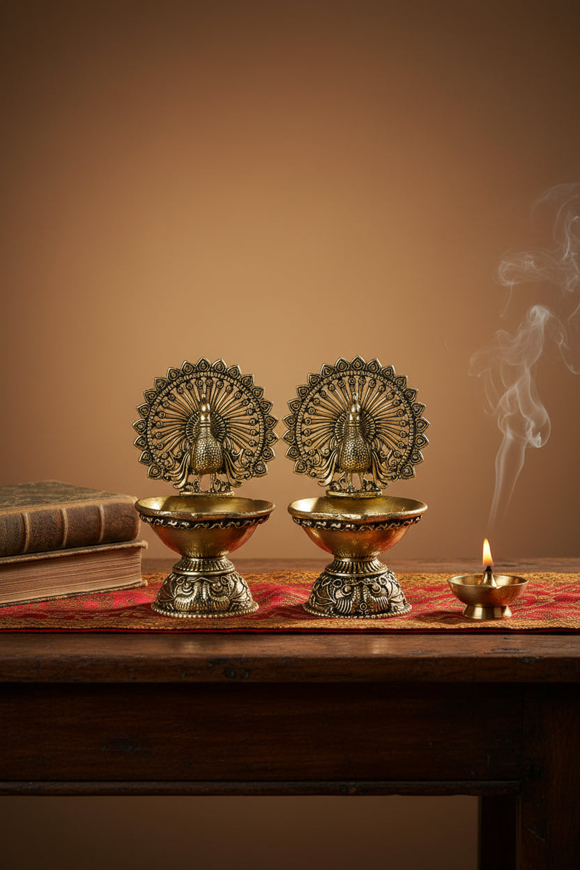 Ashtadhatu Peacock Diya Set of 2