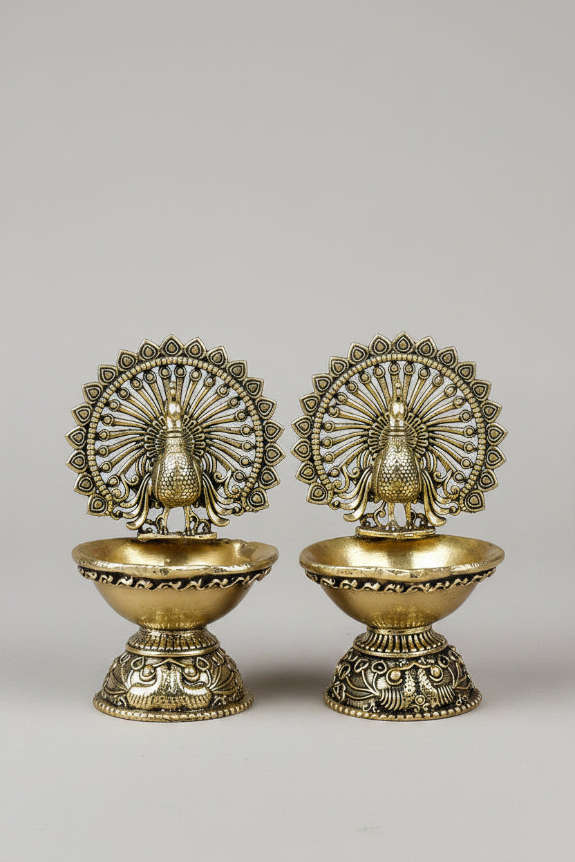 Ashtadhatu Peacock Diya Set of 2 Decorative Mayur Puja Diya