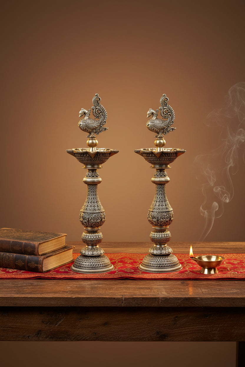 Ashtadhatu Peacock Samai Oil Lamp Set of 2