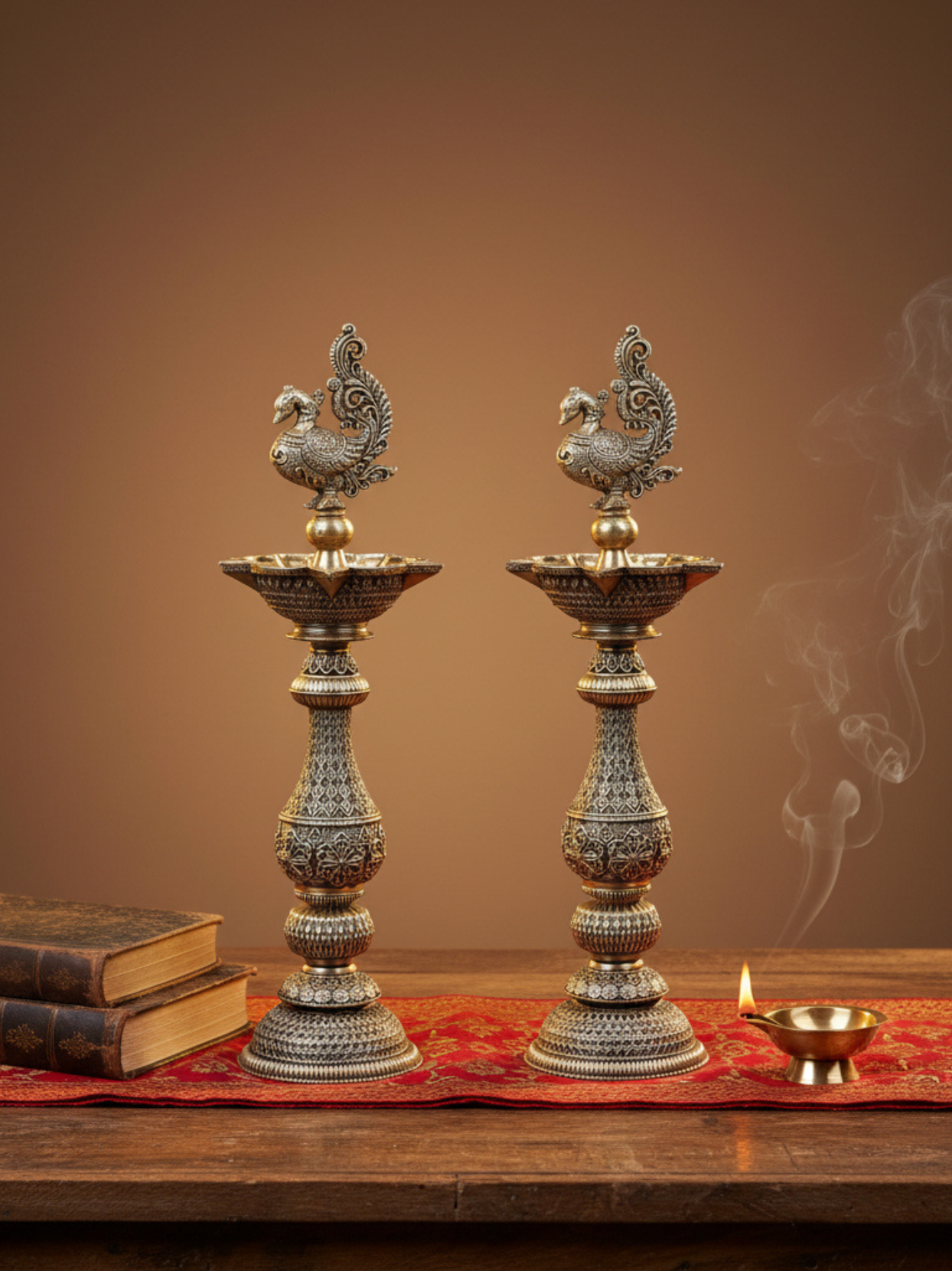 Ashtadhatu Peacock Samai Oil Lamp Set of 2