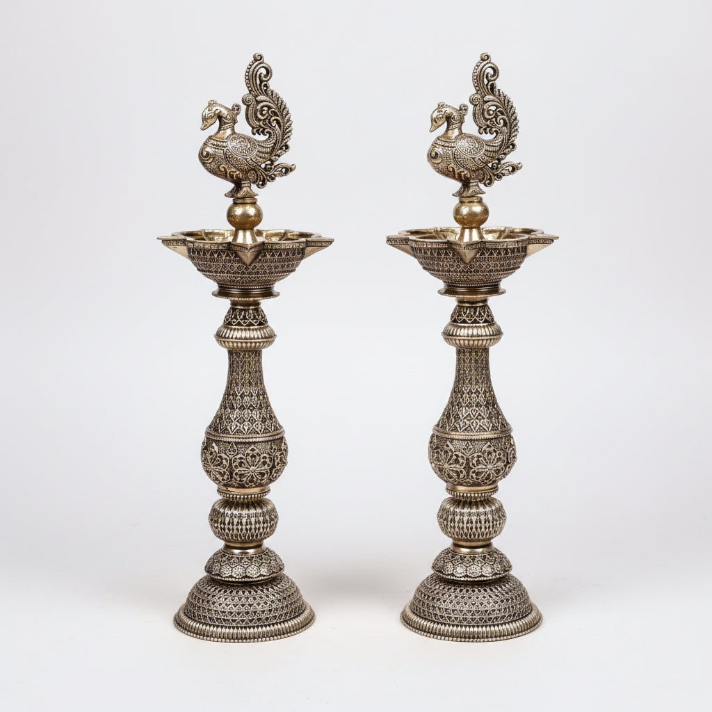 Ashtadhatu Peacock Samai Oil Lamp Set of 2