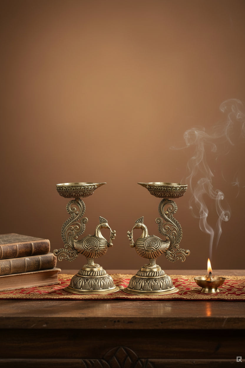 Ashtadhatu Peacock Standing Diya Set of 2 