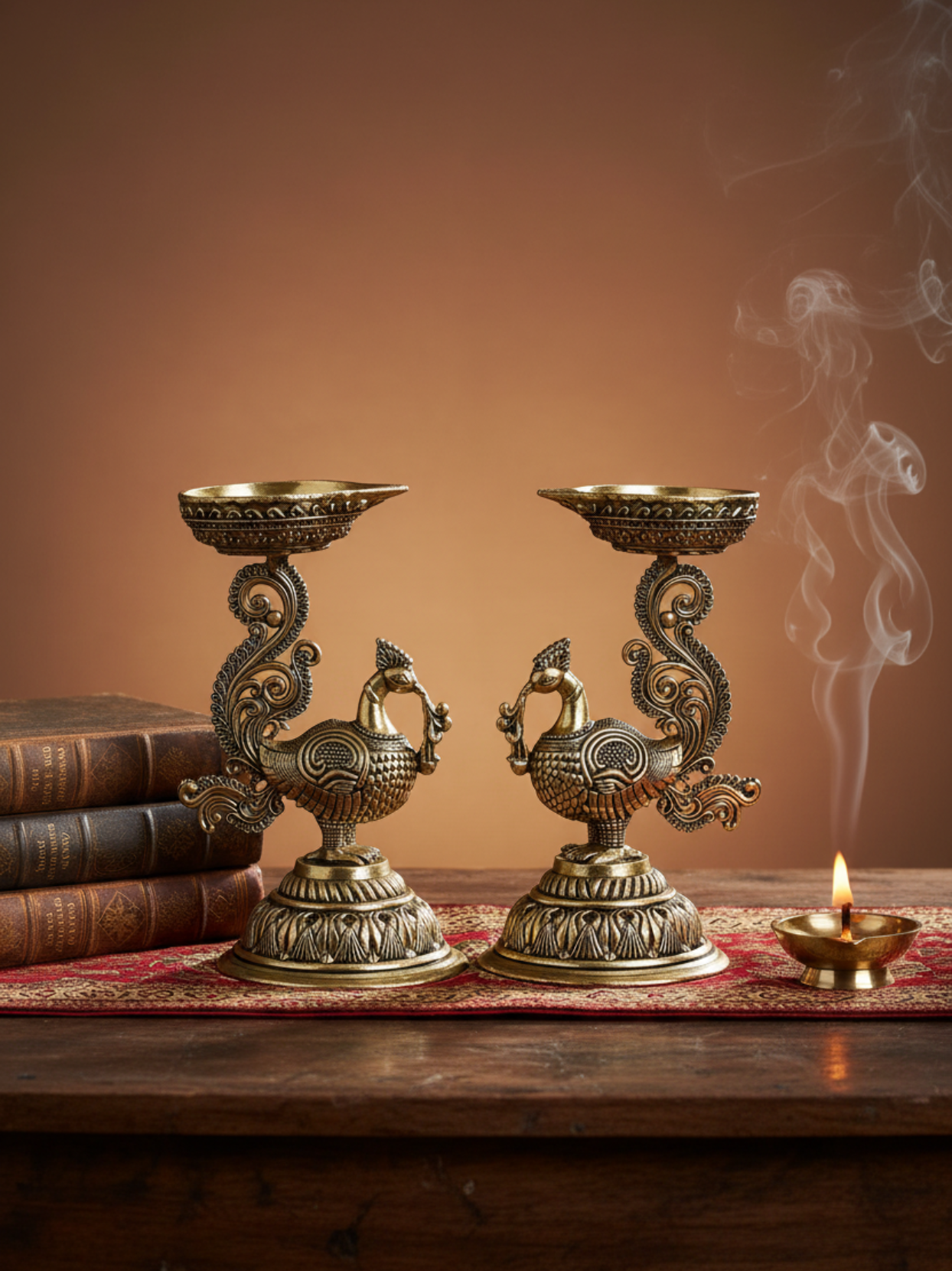 Ashtadhatu Peacock Standing Diya Set of 2 Decorative Puja Diya