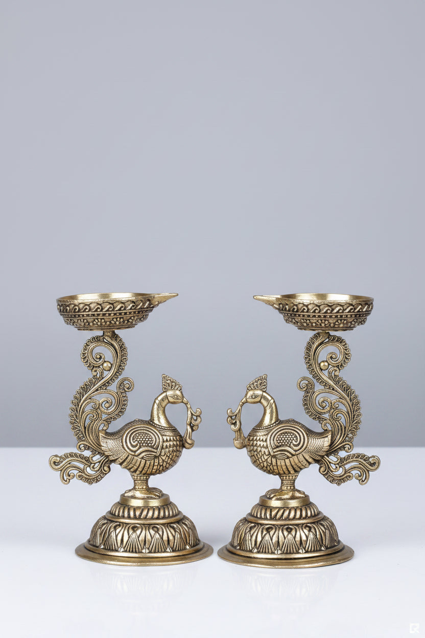 Ashtadhatu Peacock Standing Diya Set of 2 Decorative Puja Diya