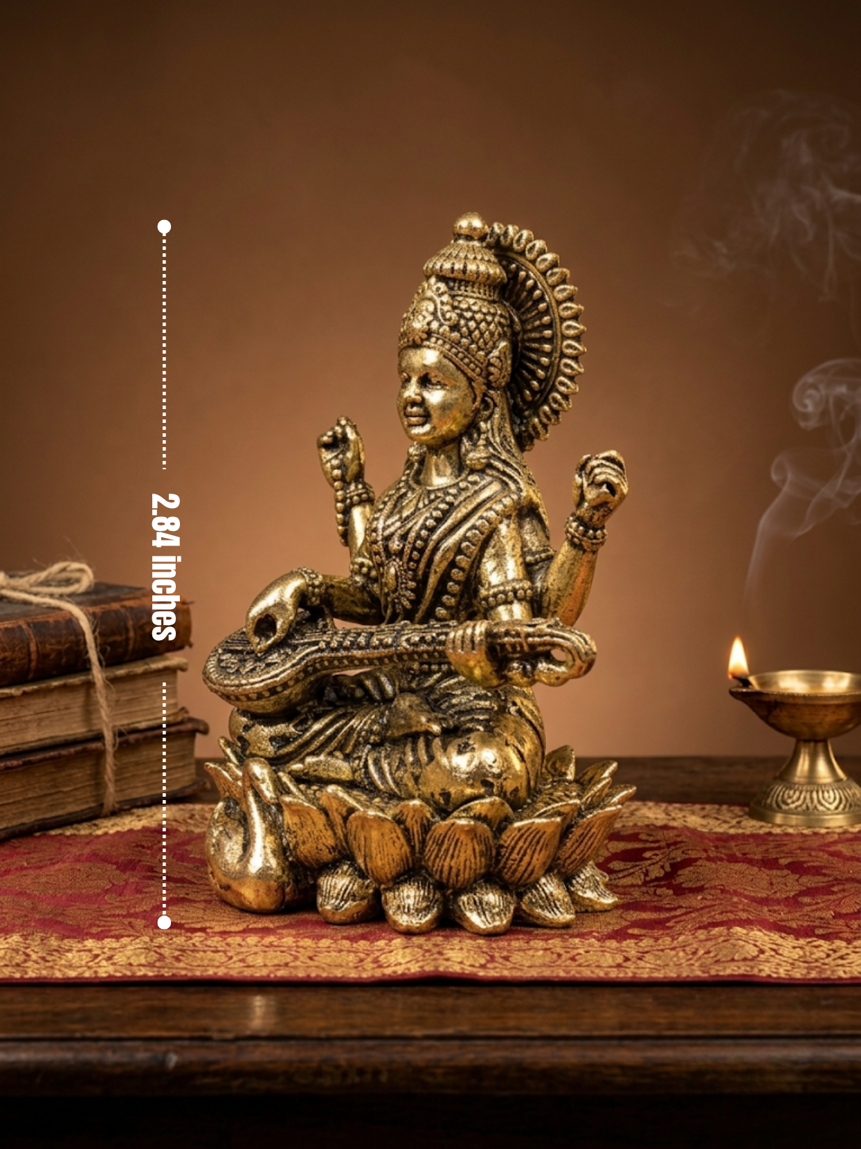 Dimensions scale view of the 8-metal Ashtadhatu Saraswati on lotus murti, perfectly sized for home mandir decor and spiritual worship.