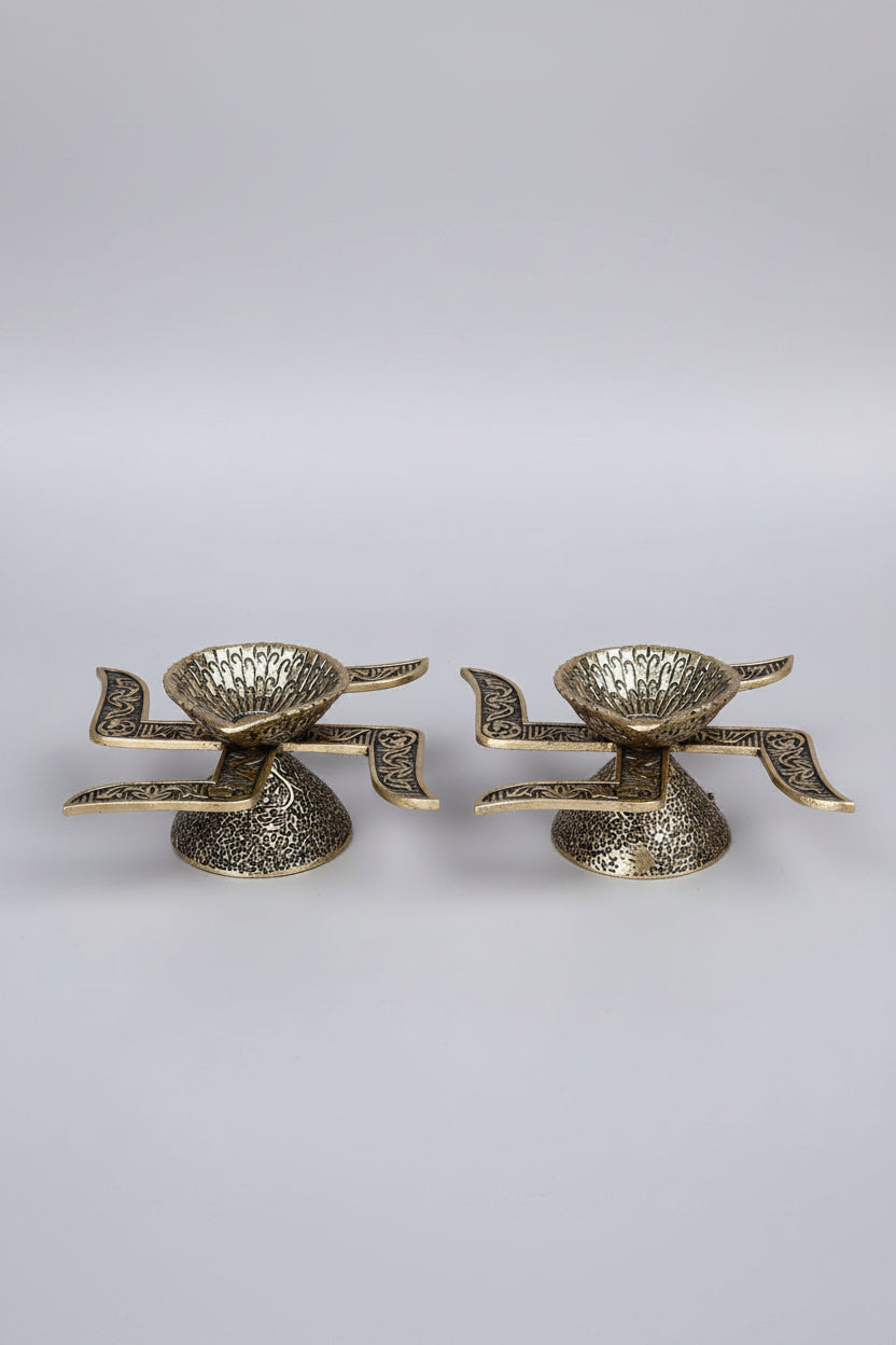 Ashtadhatu Swastik Diya Set of 2 Sacred Swastika Puja Diya