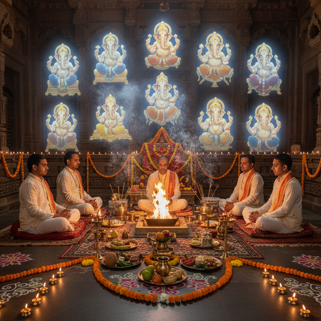 Ashtavinayaka Puja, Square image of  Puja with specific Lord visuals glowing in the background, 4–6 pandits sitting and performing pooja around a havan kund, traditional setup, spiritual atmosphere, high-quality.