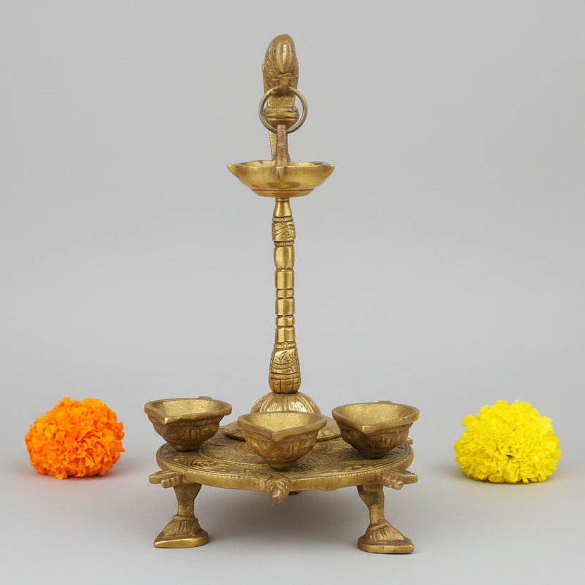 Brass Kurma 3 Diyas with Parrot & Hanging Samai
