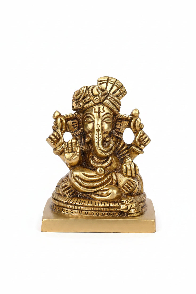 Bejeweled Pagadi Ganesha Brass Murti 3 Inch Handcrafted Decorative Ganpati Idol for Home Puja and Gifting