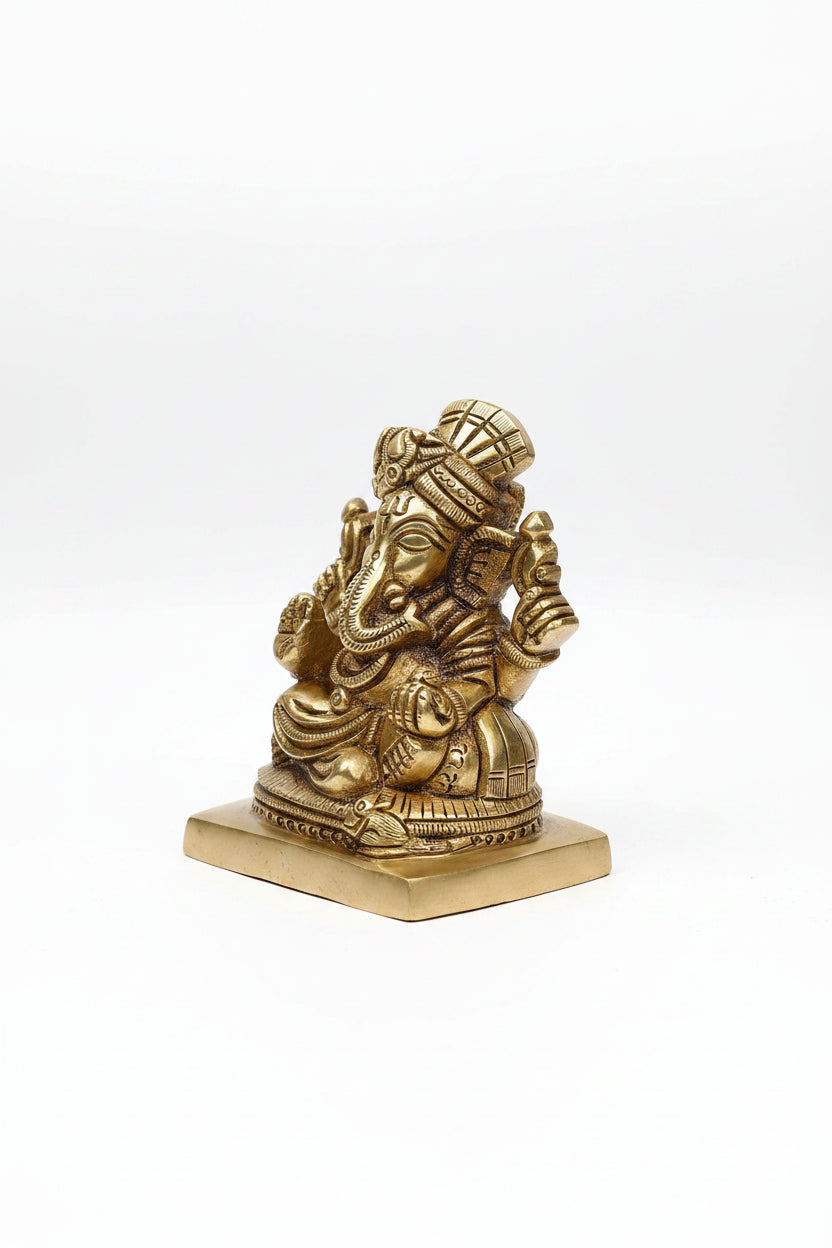 Bejeweled Pagadi Ganesha Brass Murti 3 Inch Handcrafted Decorative Ganpati Idol for Home Puja and Gifting