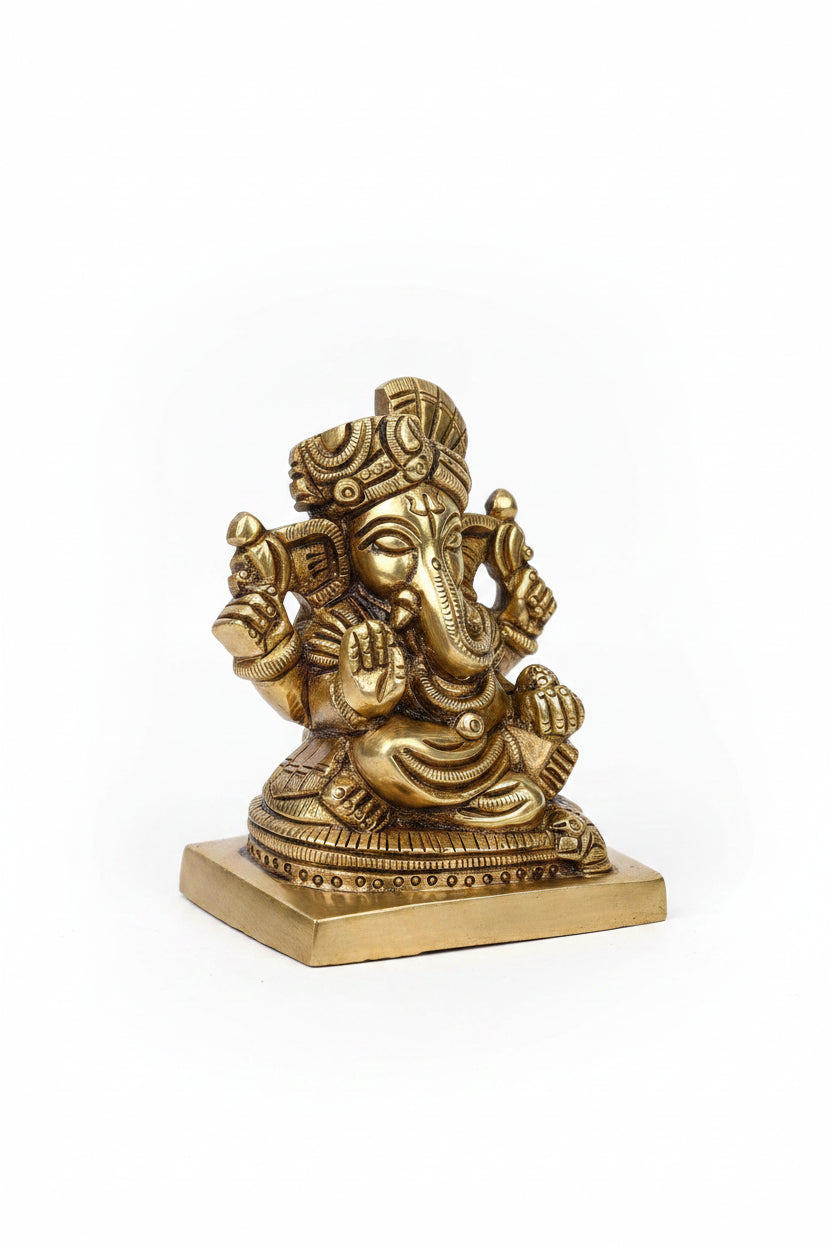 Bejeweled Pagadi Ganesha Brass Murti 3 Inch Handcrafted Decorative Ganpati Idol for Home Puja and Gifting